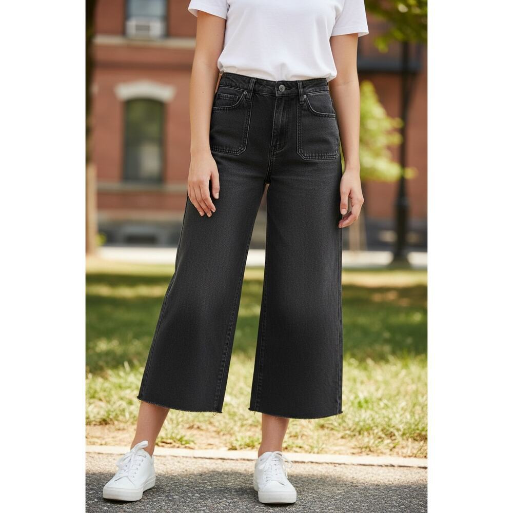 Old Navy High Rise Baggy Wide Leg Jeans Black Wash Raw Hem Size 0 - Picture 1 of 7
